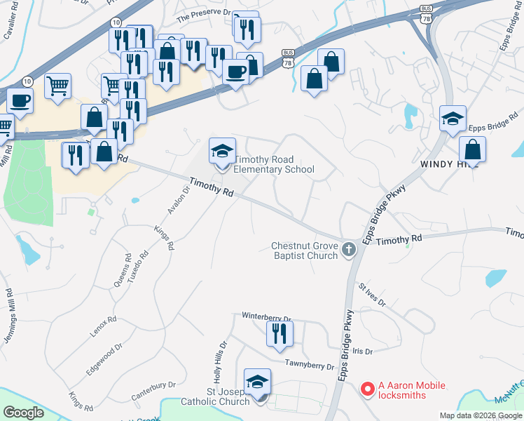 map of restaurants, bars, coffee shops, grocery stores, and more near 1800 Timothy Road in Athens