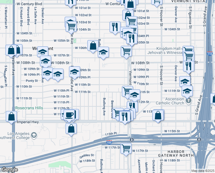 map of restaurants, bars, coffee shops, grocery stores, and more near 1120 West 110th Street in Los Angeles