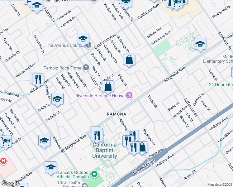 map of restaurants, bars, coffee shops, grocery stores, and more near 8235 Coleman Street in Riverside
