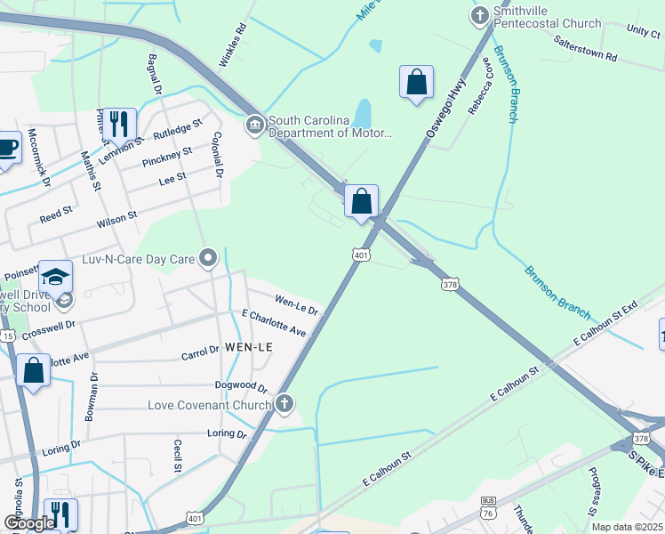 map of restaurants, bars, coffee shops, grocery stores, and more near 640 Oswego Highway in Sumter