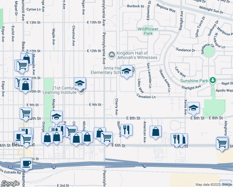 map of restaurants, bars, coffee shops, grocery stores, and more near 1005 Cherry Avenue in Beaumont