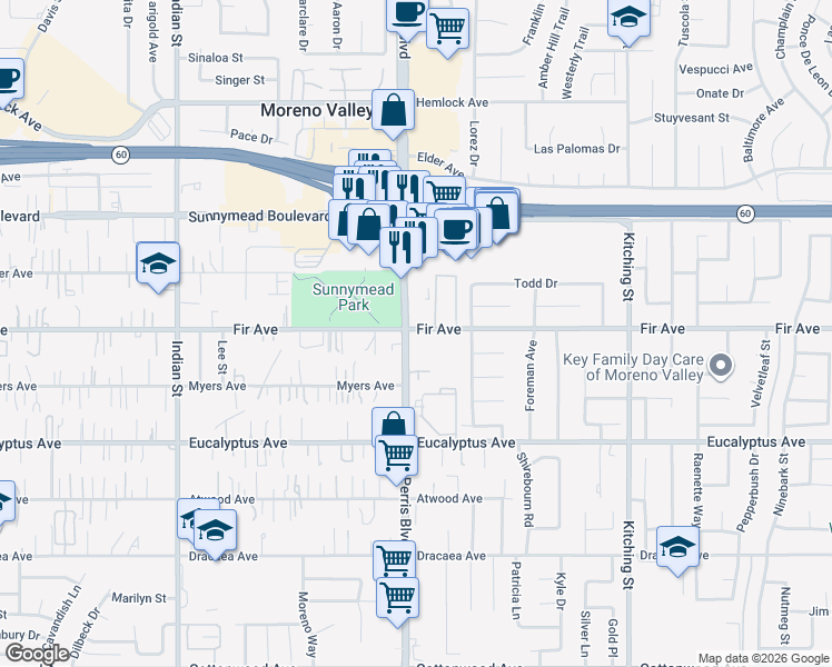 map of restaurants, bars, coffee shops, grocery stores, and more near in Moreno Valley