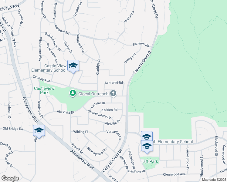 map of restaurants, bars, coffee shops, grocery stores, and more near 1192 Santorini Road in Riverside