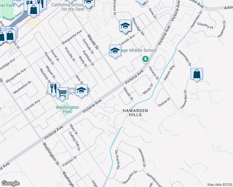 map of restaurants, bars, coffee shops, grocery stores, and more near 2712 Gleason Court in Riverside