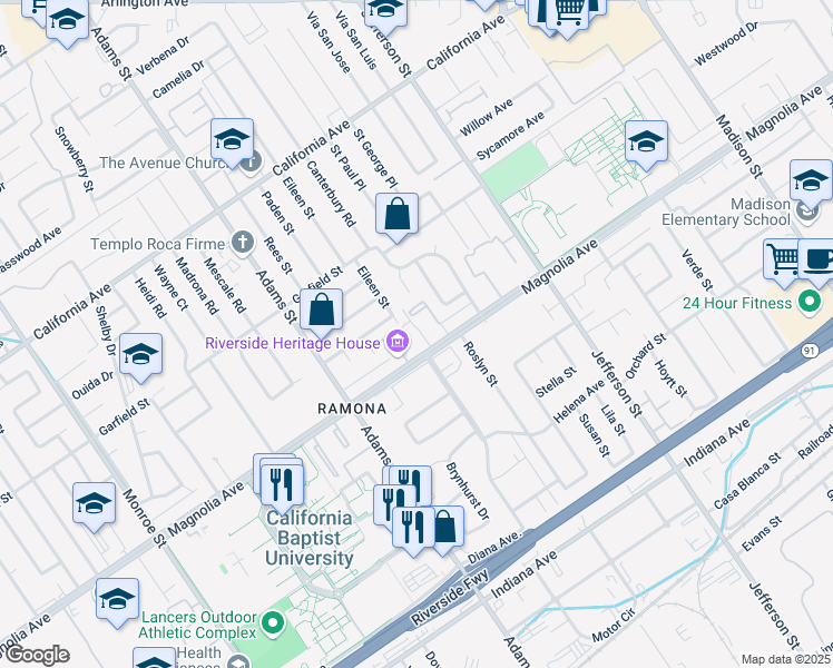 map of restaurants, bars, coffee shops, grocery stores, and more near 8123 Magnolia Avenue in Riverside