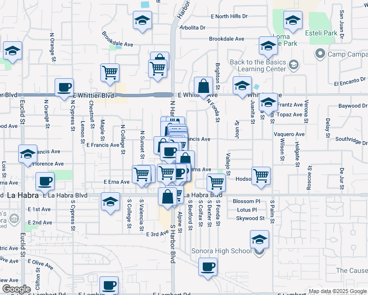 map of restaurants, bars, coffee shops, grocery stores, and more near 510 North Bedford Street in La Habra
