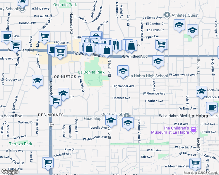 map of restaurants, bars, coffee shops, grocery stores, and more near 431 Virginia Street in La Habra
