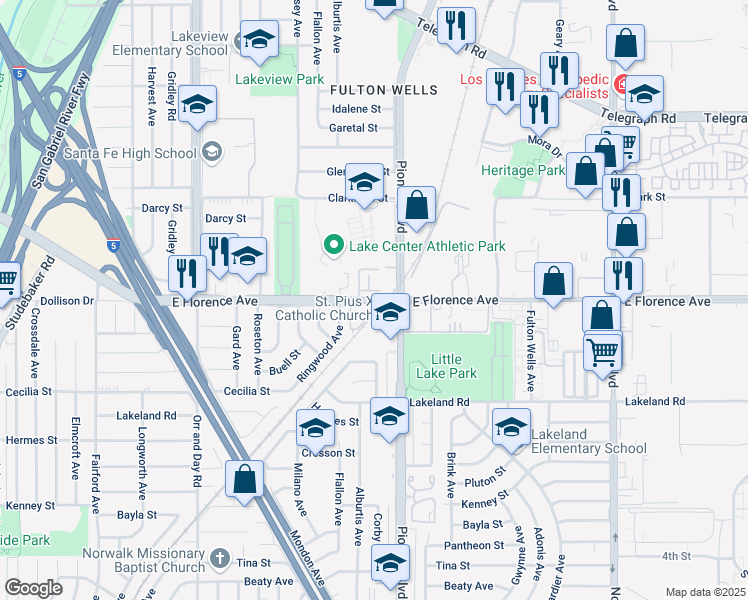 map of restaurants, bars, coffee shops, grocery stores, and more near 11733 Florence Avenue in Santa Fe Springs