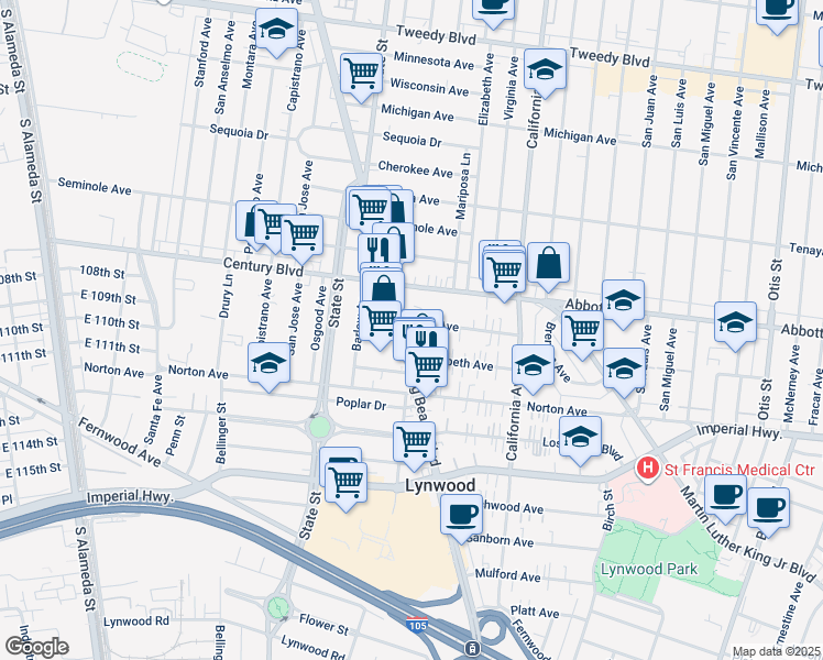 map of restaurants, bars, coffee shops, grocery stores, and more near 3329 Alma Avenue in Lynwood
