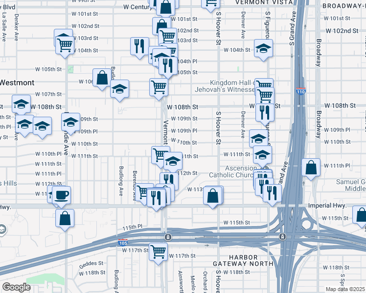 map of restaurants, bars, coffee shops, grocery stores, and more near 817 West 110th Street in Los Angeles