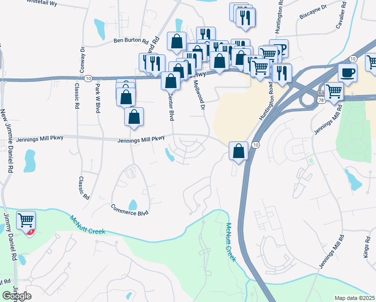 map of restaurants, bars, coffee shops, grocery stores, and more near 355 Jennings Mill Parkway in Athens
