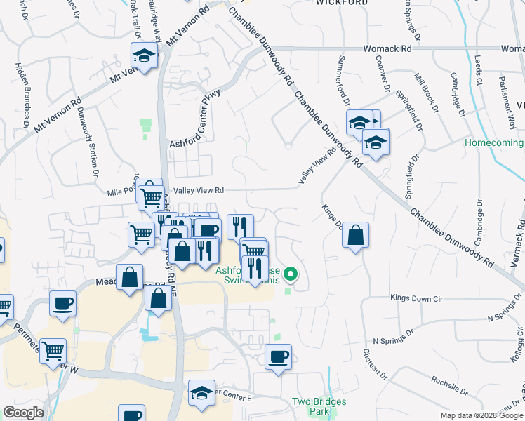 map of restaurants, bars, coffee shops, grocery stores, and more near 4738 Ashford Club Drive in Dunwoody