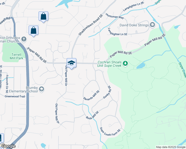 map of restaurants, bars, coffee shops, grocery stores, and more near 640 Sibley Forest Drive Southeast in Marietta
