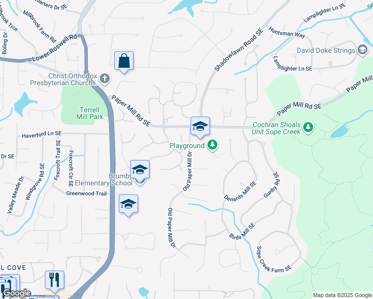 map of restaurants, bars, coffee shops, grocery stores, and more near 705 Cheswich Overlook Southeast in Marietta