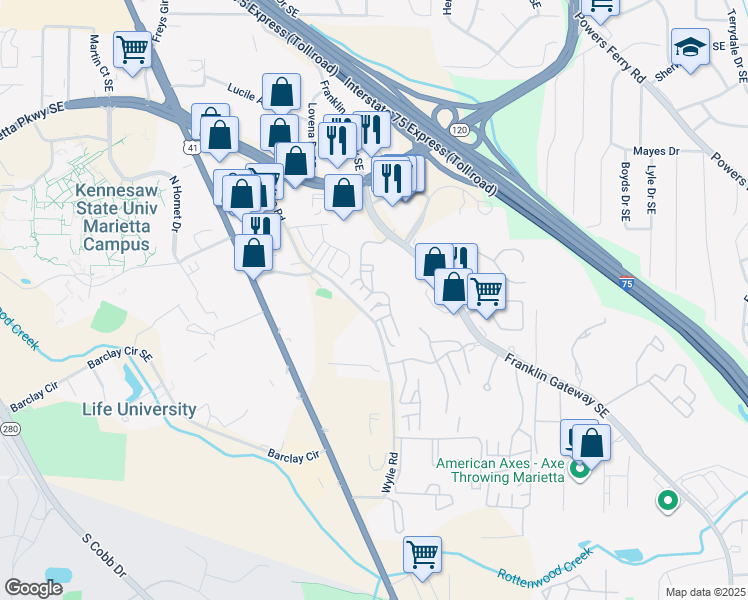map of restaurants, bars, coffee shops, grocery stores, and more near 510 Augusta Drive in Marietta