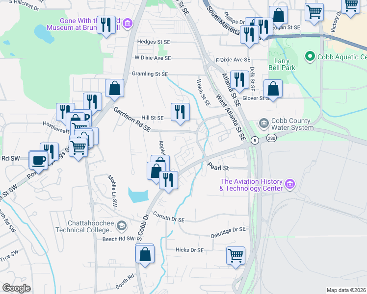 map of restaurants, bars, coffee shops, grocery stores, and more near 638 Pecan Knoll Drive in Marietta