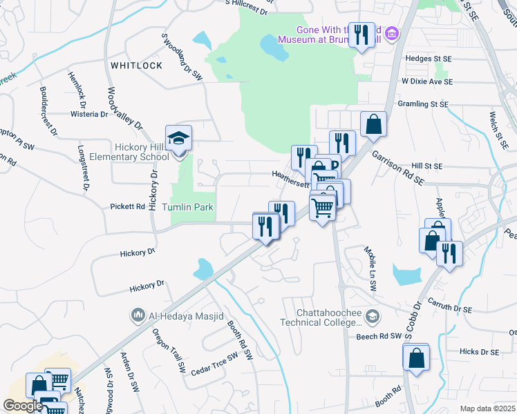 map of restaurants, bars, coffee shops, grocery stores, and more near 265 Pam Lane Southwest in Marietta