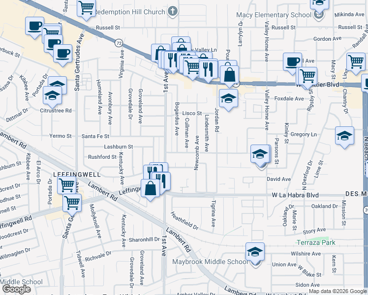 map of restaurants, bars, coffee shops, grocery stores, and more near 10839 Cullman Avenue in Whittier