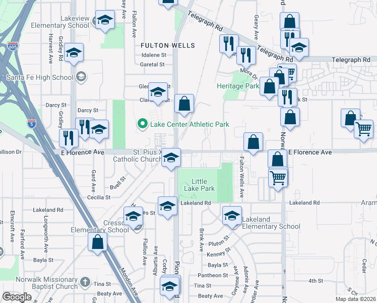 map of restaurants, bars, coffee shops, grocery stores, and more near 11850 East Florence Avenue in Santa Fe Springs