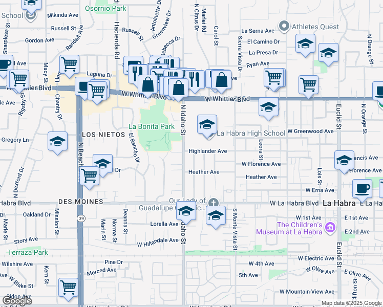 map of restaurants, bars, coffee shops, grocery stores, and more near 431 Virginia Street in La Habra