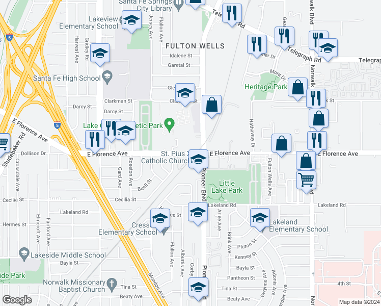 map of restaurants, bars, coffee shops, grocery stores, and more near 11743 Florence Avenue in Santa Fe Springs