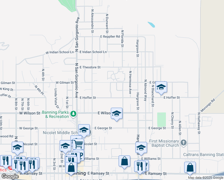 map of restaurants, bars, coffee shops, grocery stores, and more near 1106 North Durward Street in Banning