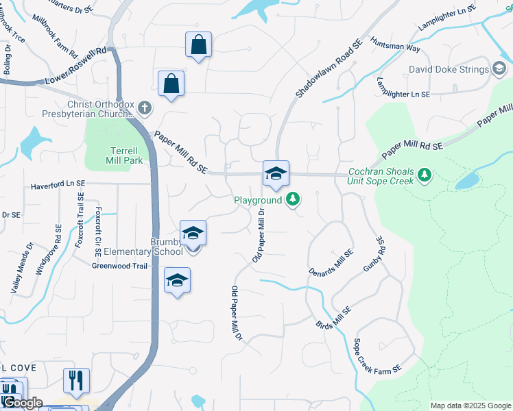 map of restaurants, bars, coffee shops, grocery stores, and more near 705 Cheswich Overlook Southeast in Marietta