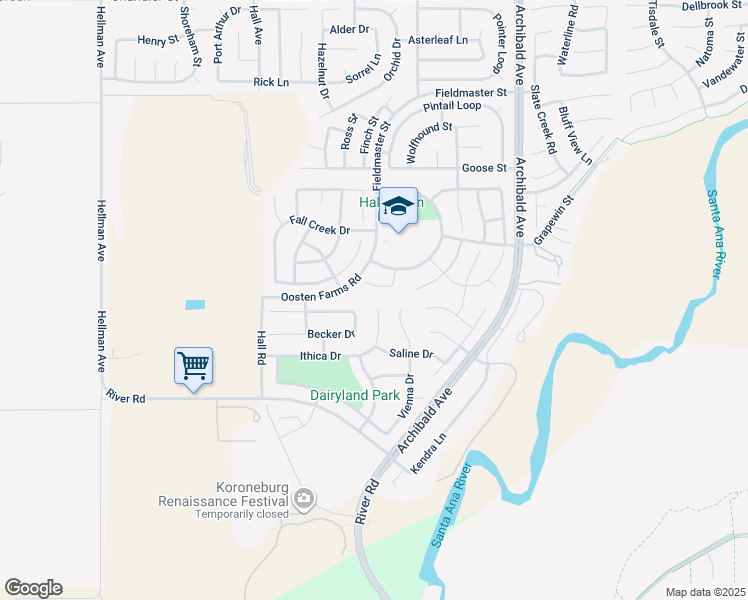 map of restaurants, bars, coffee shops, grocery stores, and more near 14374 Ithica Drive in Corona
