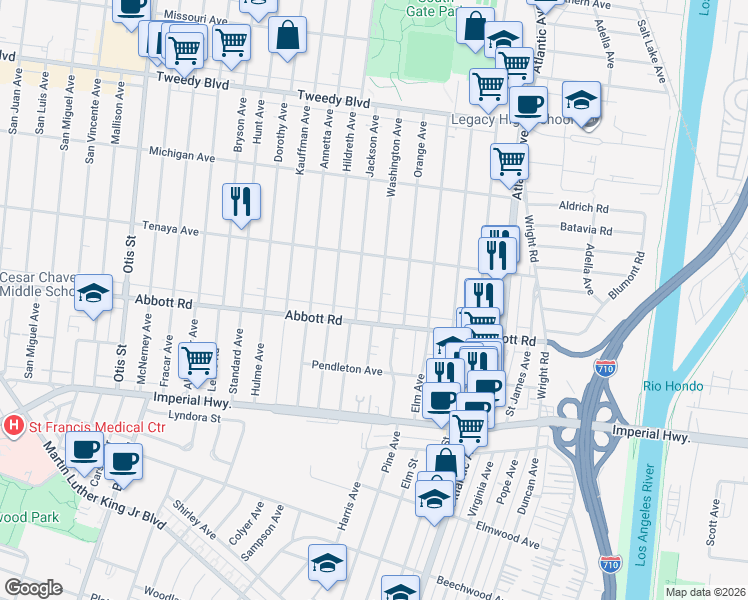 map of restaurants, bars, coffee shops, grocery stores, and more near 10525 Washington Avenue in South Gate