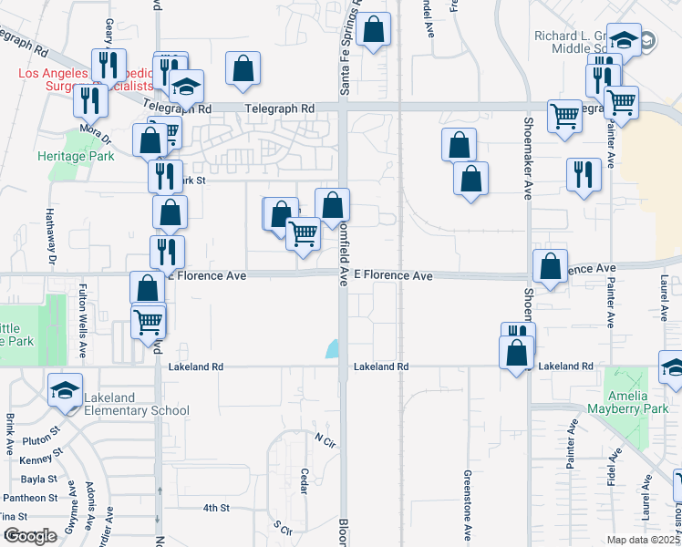 map of restaurants, bars, coffee shops, grocery stores, and more near 12588 Florence Avenue in Santa Fe Springs