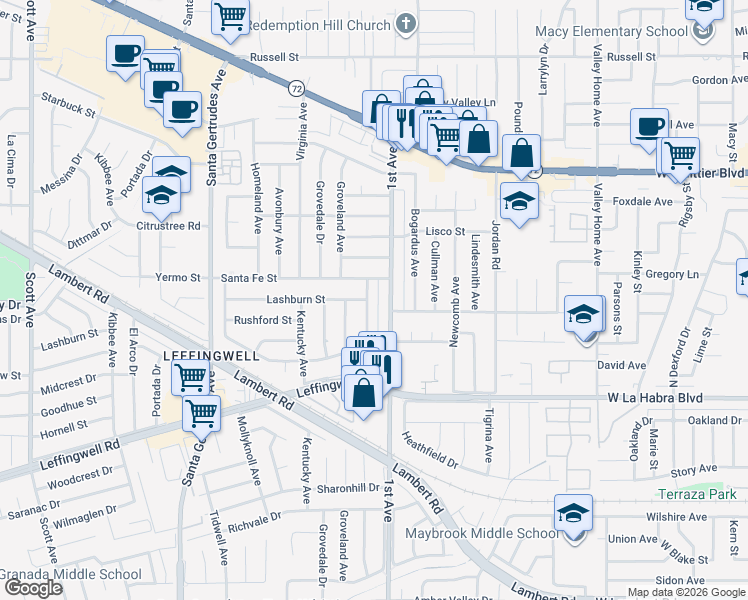 map of restaurants, bars, coffee shops, grocery stores, and more near 10824 Groveside Avenue in Whittier