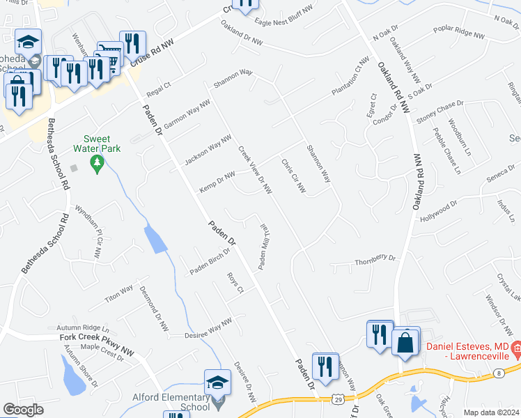 map of restaurants, bars, coffee shops, grocery stores, and more near 611 Paden Mill Trail in Lawrenceville