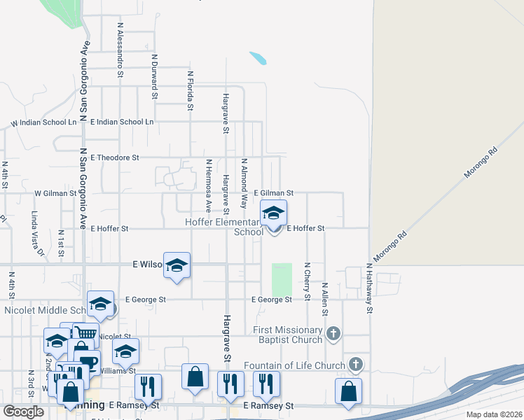 map of restaurants, bars, coffee shops, grocery stores, and more near North Blanchard Street in Banning