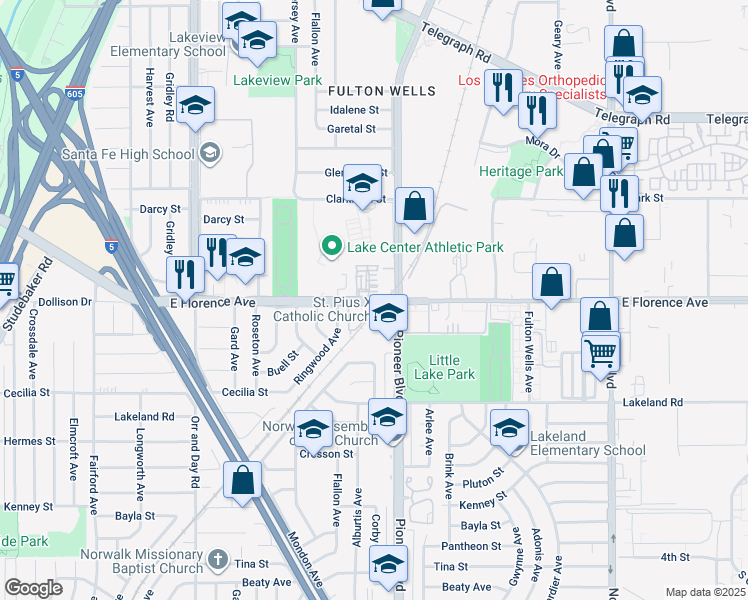 map of restaurants, bars, coffee shops, grocery stores, and more near 11745 Florence Avenue in Santa Fe Springs