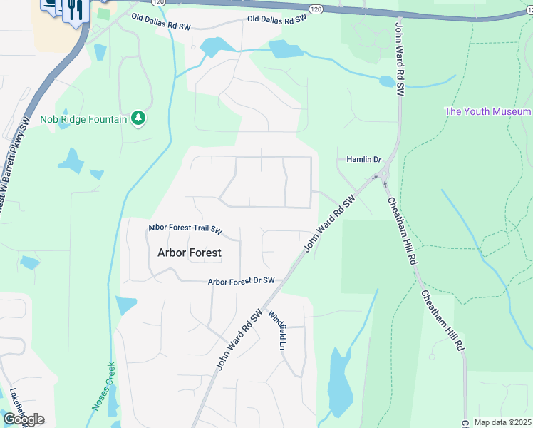map of restaurants, bars, coffee shops, grocery stores, and more near 1898 Winding Creek Lane Southwest in Marietta