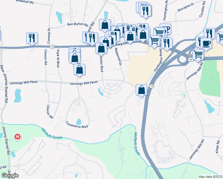 map of restaurants, bars, coffee shops, grocery stores, and more near 355 Jennings Mill Parkway in Athens