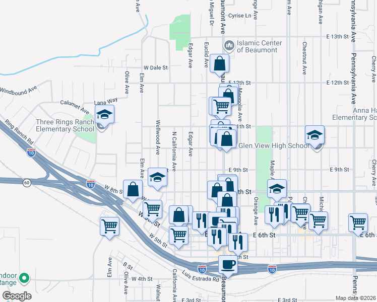 map of restaurants, bars, coffee shops, grocery stores, and more near 187 East 10th Street in Beaumont