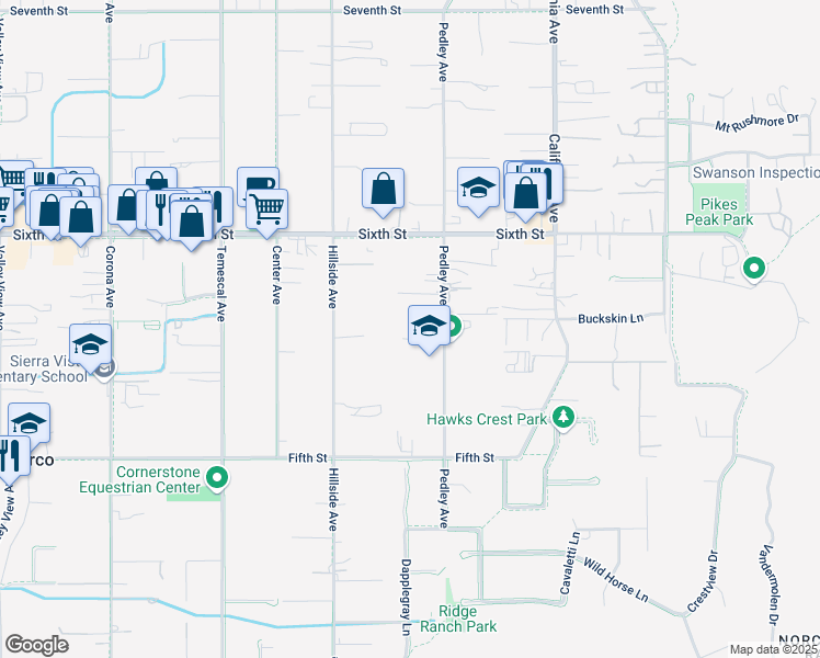 map of restaurants, bars, coffee shops, grocery stores, and more near 3692 Pedley Avenue in Norco