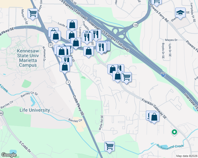 map of restaurants, bars, coffee shops, grocery stores, and more near 510 Augusta Drive in Marietta