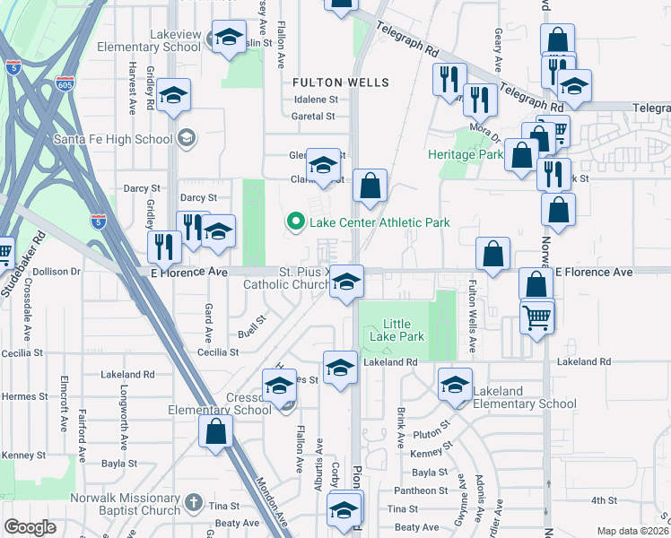 map of restaurants, bars, coffee shops, grocery stores, and more near 11733 Florence Avenue in Santa Fe Springs