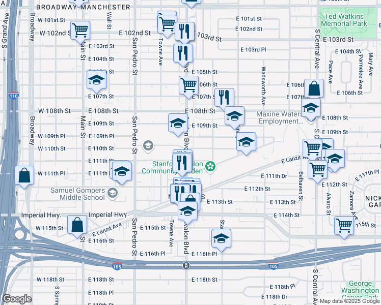 map of restaurants, bars, coffee shops, grocery stores, and more near 619 East 110th Street in Los Angeles