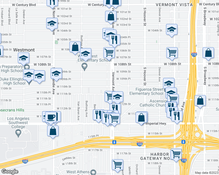 map of restaurants, bars, coffee shops, grocery stores, and more near 11001 South Vermont Avenue in Los Angeles
