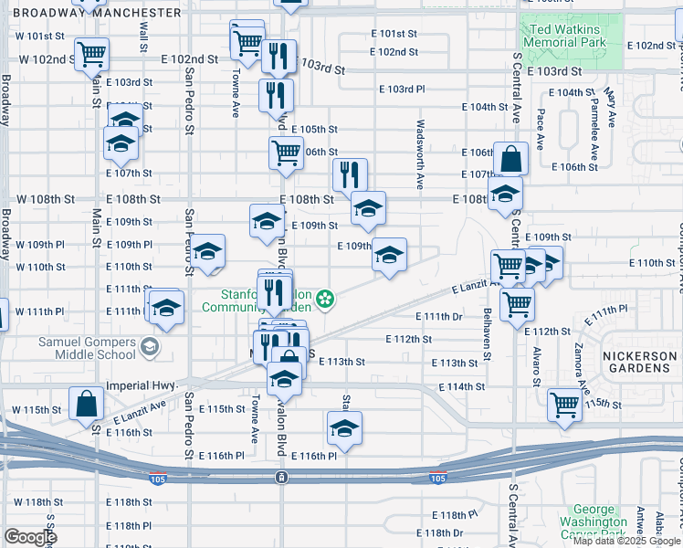 map of restaurants, bars, coffee shops, grocery stores, and more near 714 East 110th Street in Los Angeles