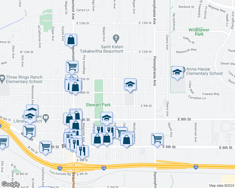 map of restaurants, bars, coffee shops, grocery stores, and more near 845 East 10th Street in Beaumont