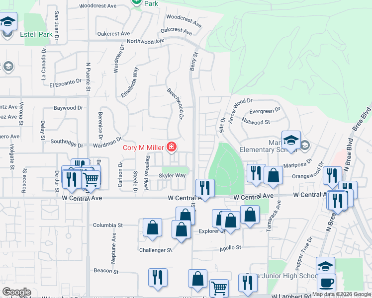 map of restaurants, bars, coffee shops, grocery stores, and more near 1105 Beechwood Drive in Brea