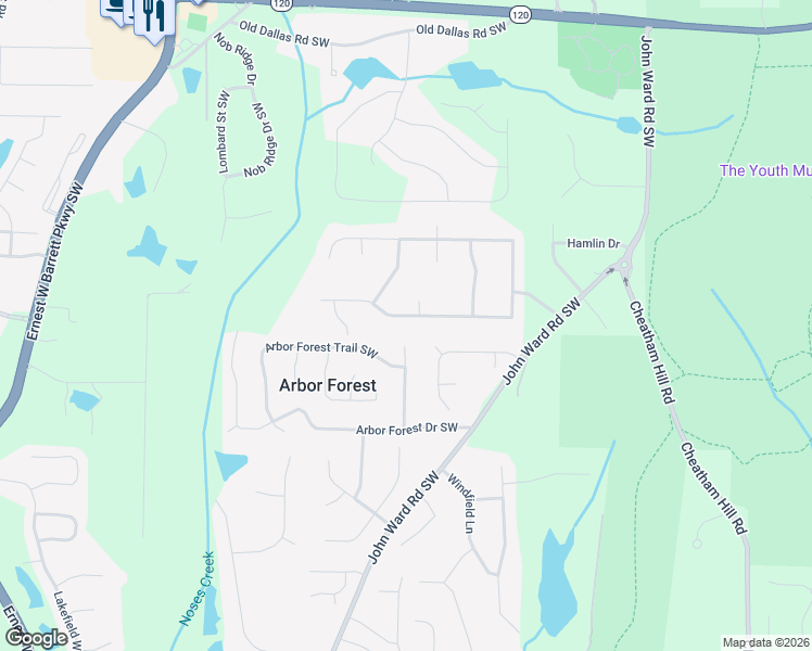 map of restaurants, bars, coffee shops, grocery stores, and more near 1876 Winding Creek Lane Southwest in Marietta