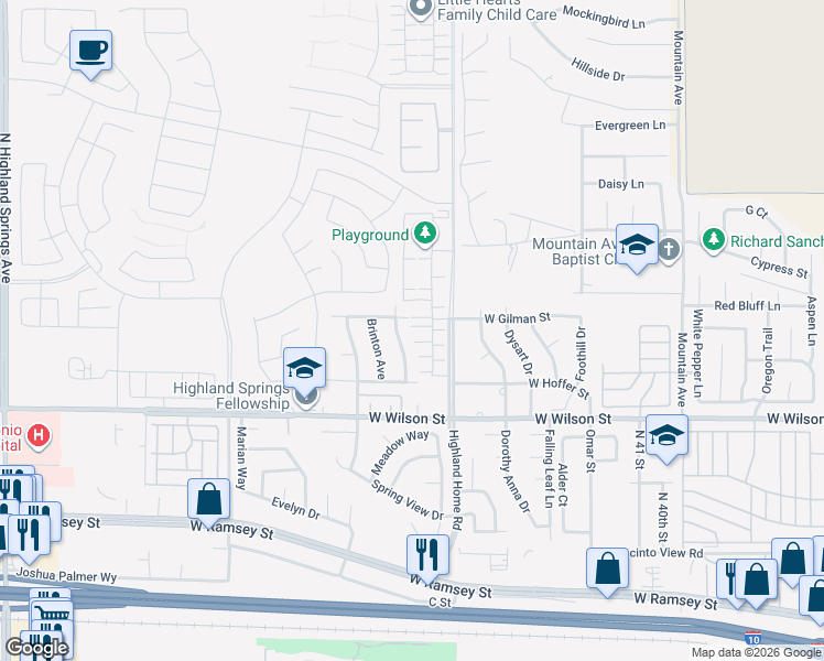 map of restaurants, bars, coffee shops, grocery stores, and more near 1131 Rockcress Lane in Banning