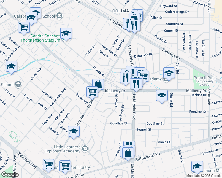 map of restaurants, bars, coffee shops, grocery stores, and more near 14855 Mulberry Drive in Whittier