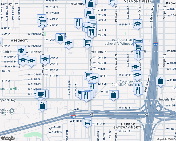 map of restaurants, bars, coffee shops, grocery stores, and more near 11001 South Vermont Avenue in Los Angeles