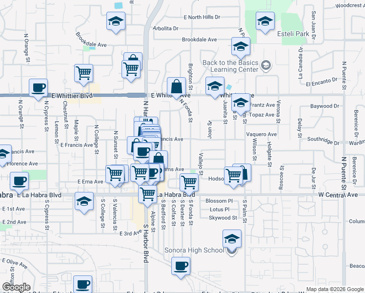 map of restaurants, bars, coffee shops, grocery stores, and more near 510 North Dexter Street in La Habra